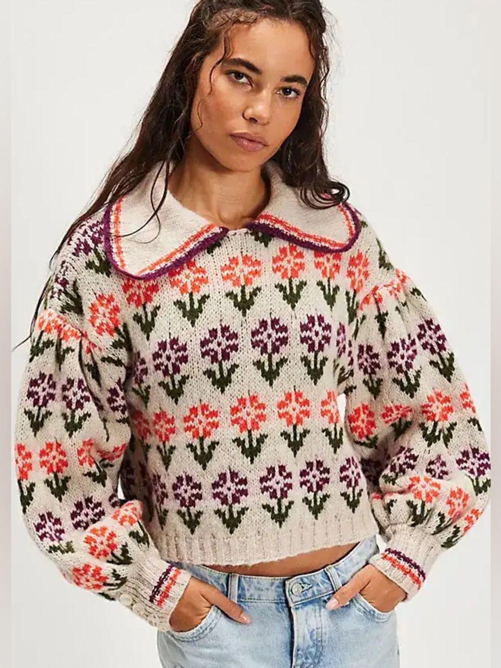 Free People Frills Softspun Sweater Oatmeal Tulip Combo Alpaca Wool XS NEW NWT